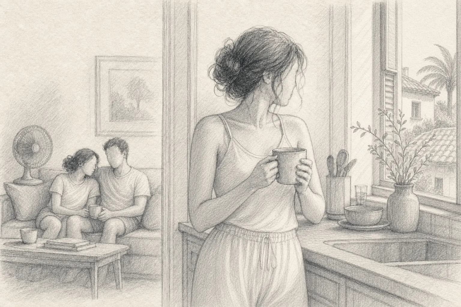 Esther sostiene una taza junto a la ventana mientras Alej y Evis permanecen cerca