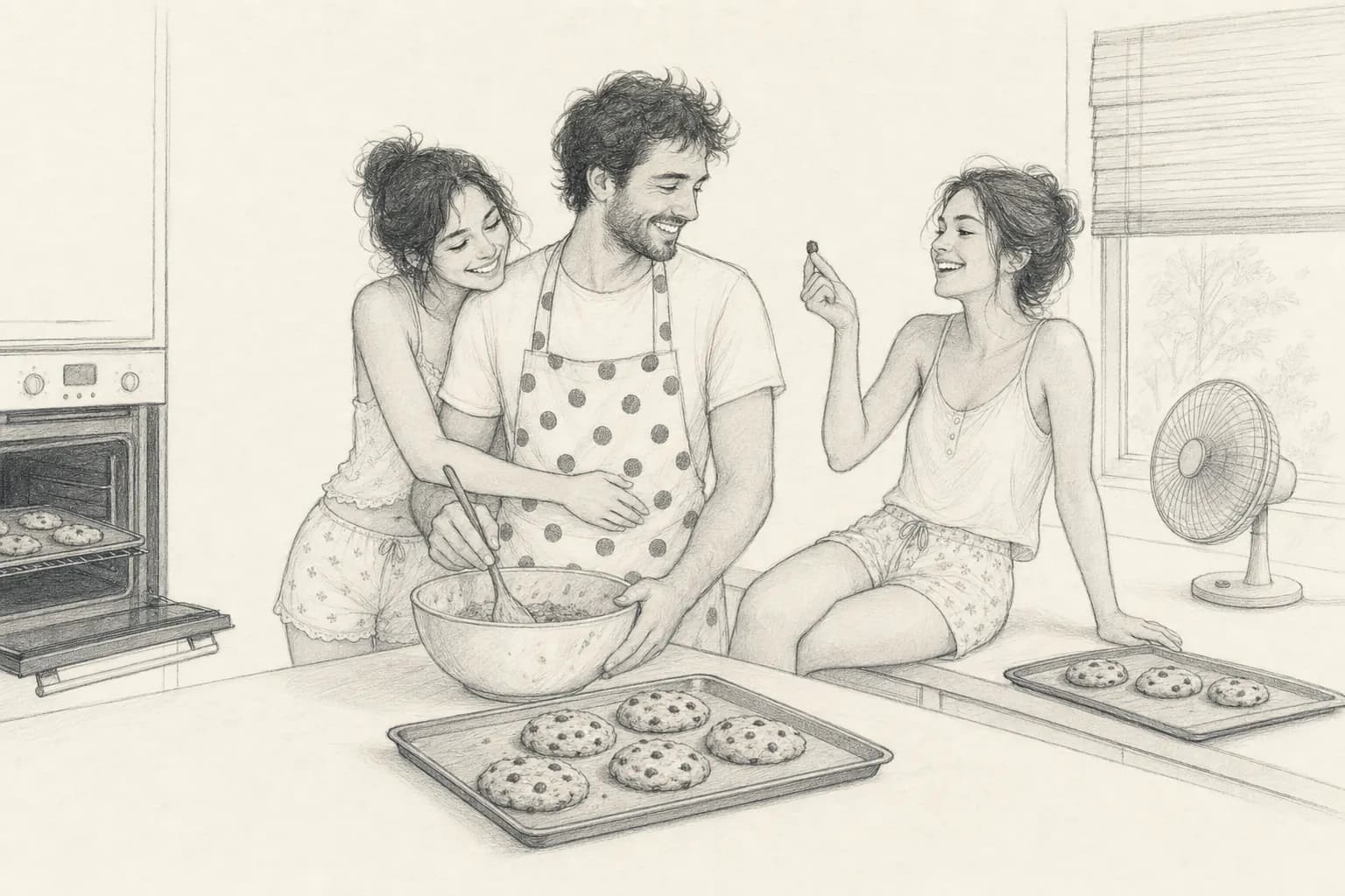 Teri, Alej y Evis preparan galletas con chocolate en una cocina de verano