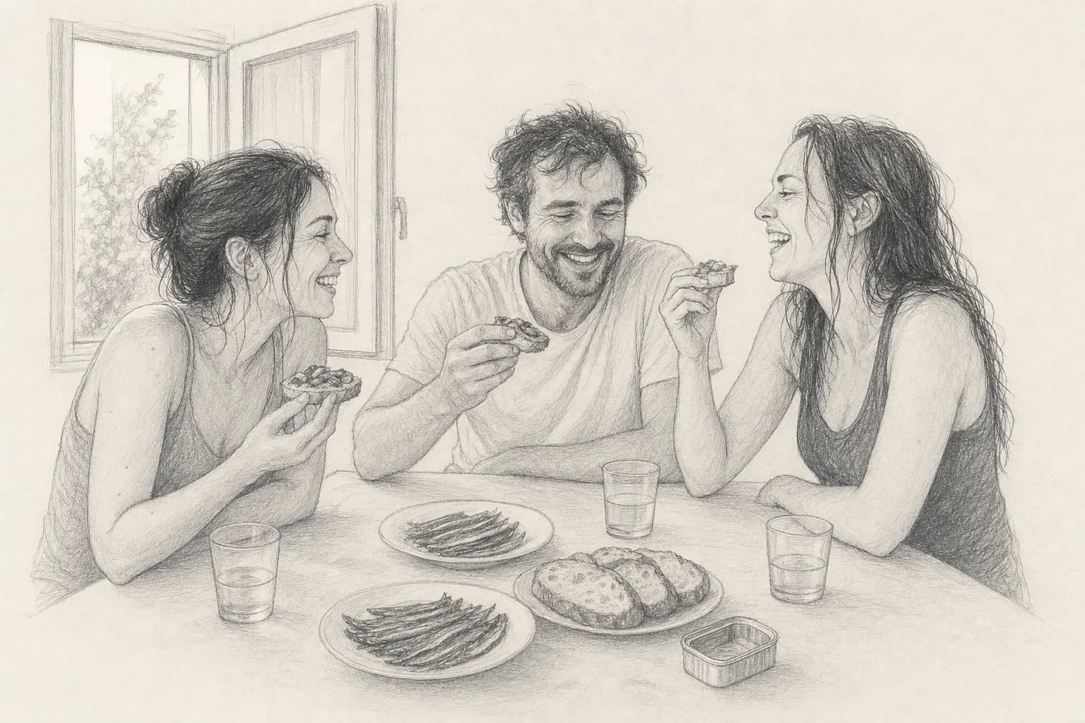 Teri, Alej y Evis cenan anchoas con pan y tomate en casa