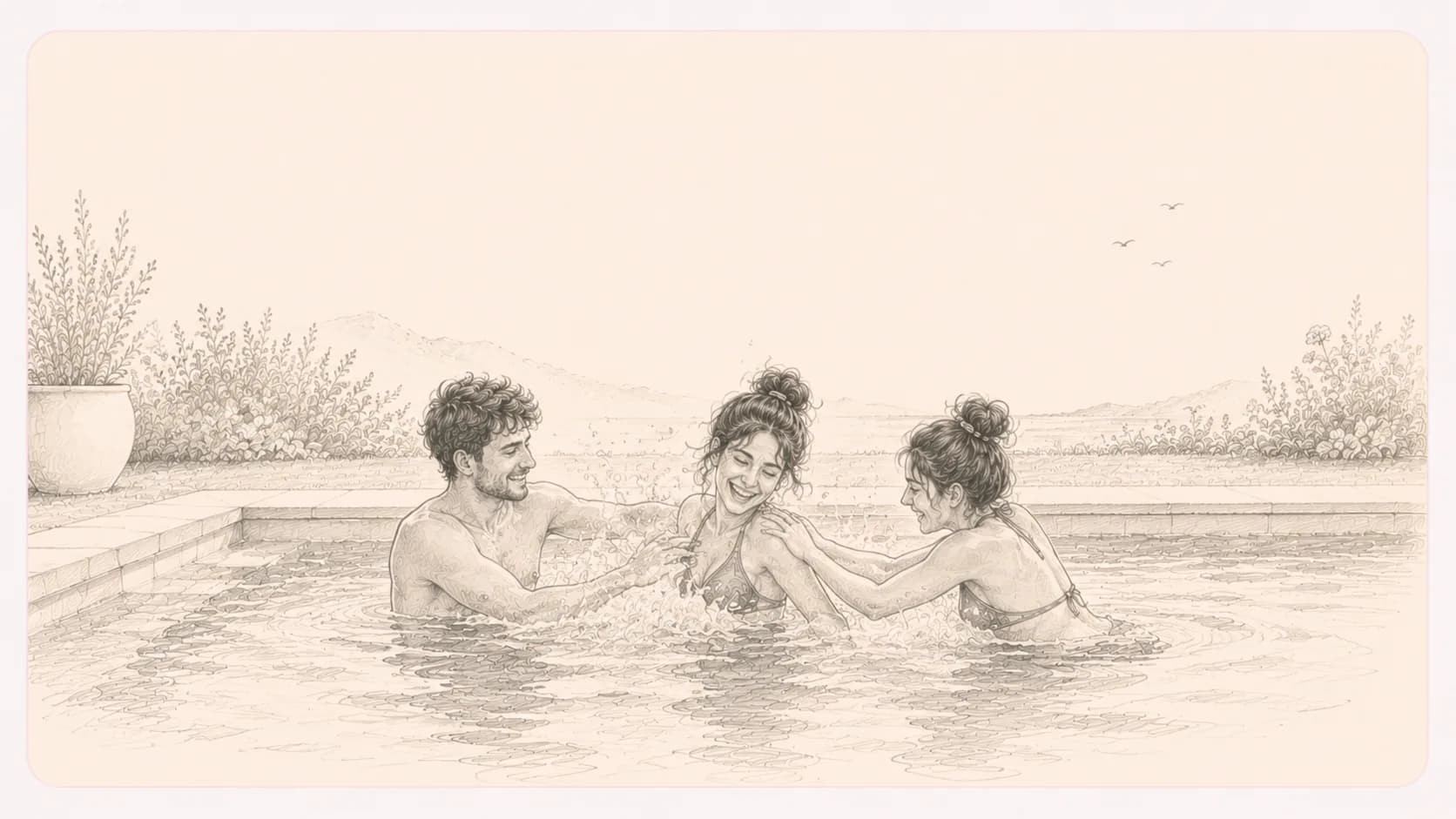 Alej, Esther y Evis riendo juntos en una piscina con las montañas al fondo