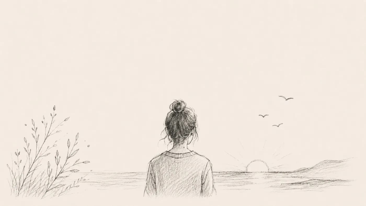 Ilustración a lápiz de una mujer contemplando el amanecer junto al mar