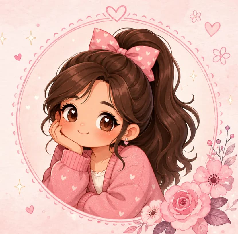 Ilustración de Teri con un lazo rosa y flores